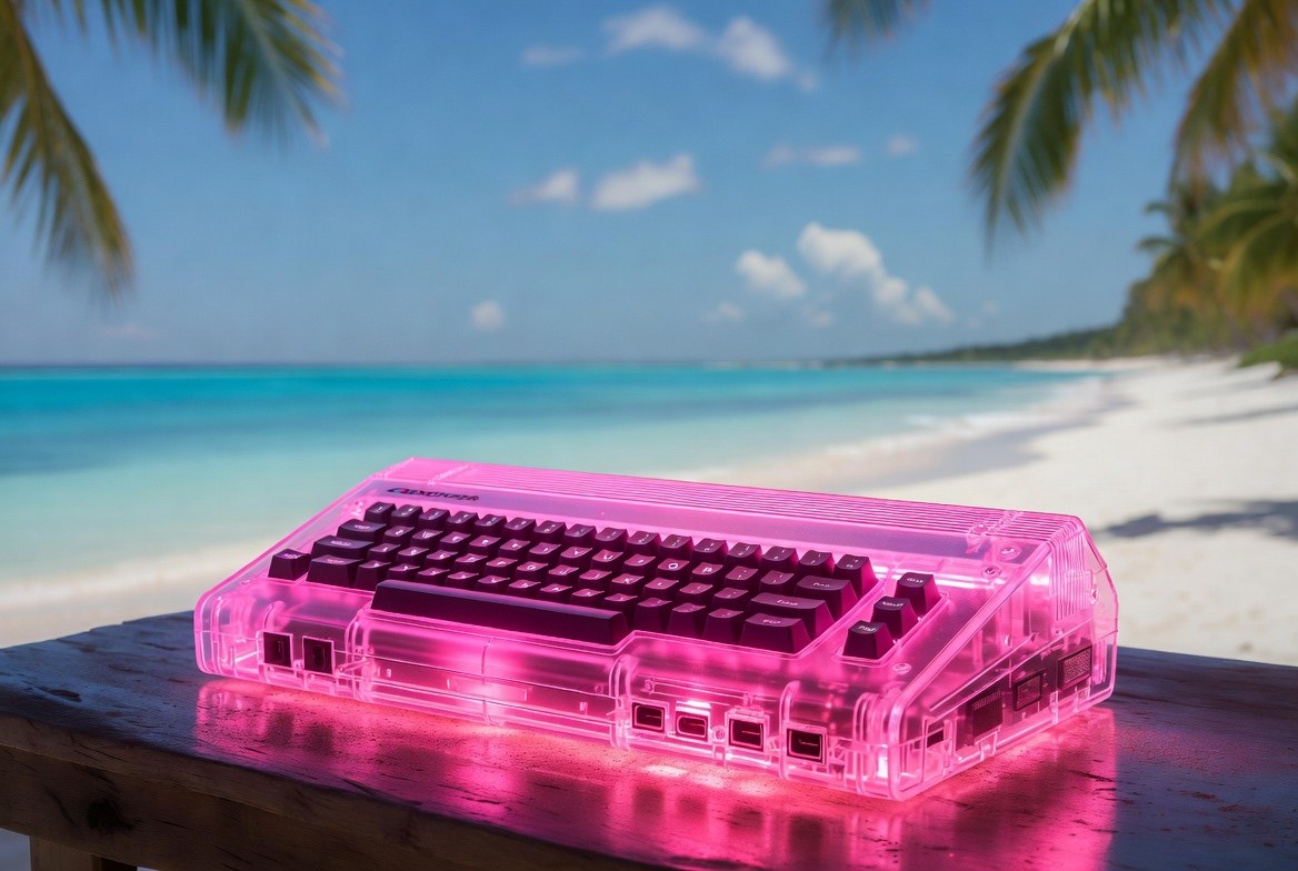 Pinker Retrocomputer vor Palmen und türkisblauem Meer